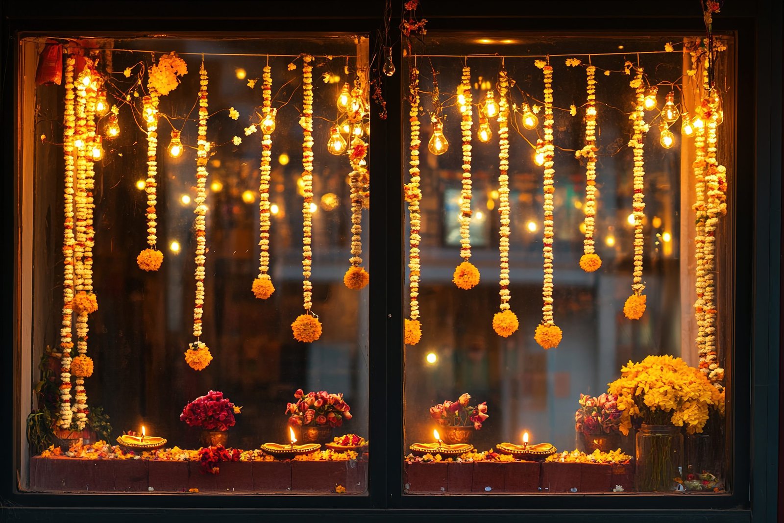 illuminated diwali decorations warm lights flowers win scaled Diwali-Ready Doors & Windows | Diwali Decoration Tips